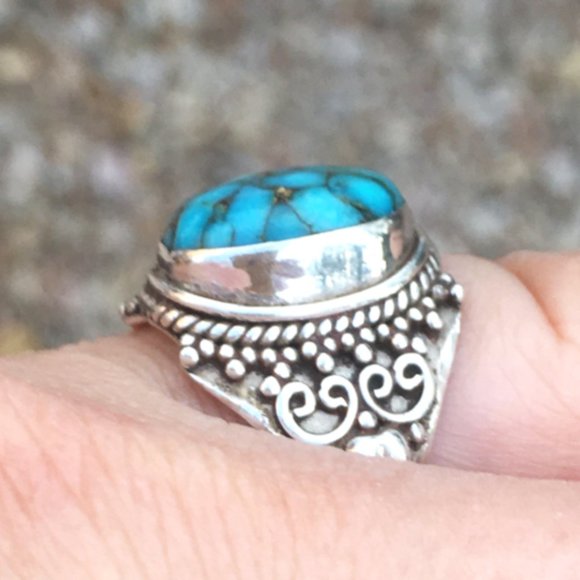 Blue Copper Turquoise .925 Ring Ornate Silver - Picture 3 of 16